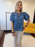 Hello Dolly Baby Doll Medium Wash Puff Denim Top-Women's Shirts & Tops-Shop Z & Joxa