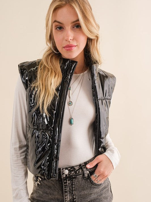 Hello World Shiny Gloss Quilted Puffer Vest-Women's Clothing-Shop Z & Joxa