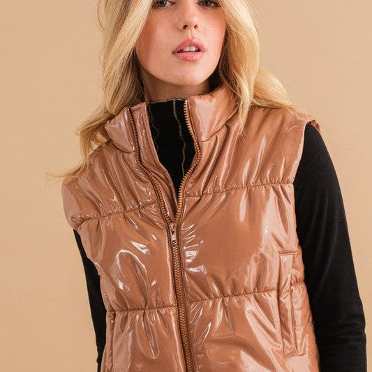 Hello World Shiny Gloss Quilted Puffer Vest
