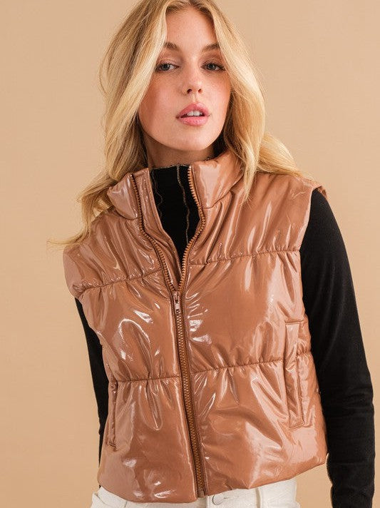 Hello World Shiny Gloss Quilted Puffer Vest-Women's Clothing-Shop Z & Joxa