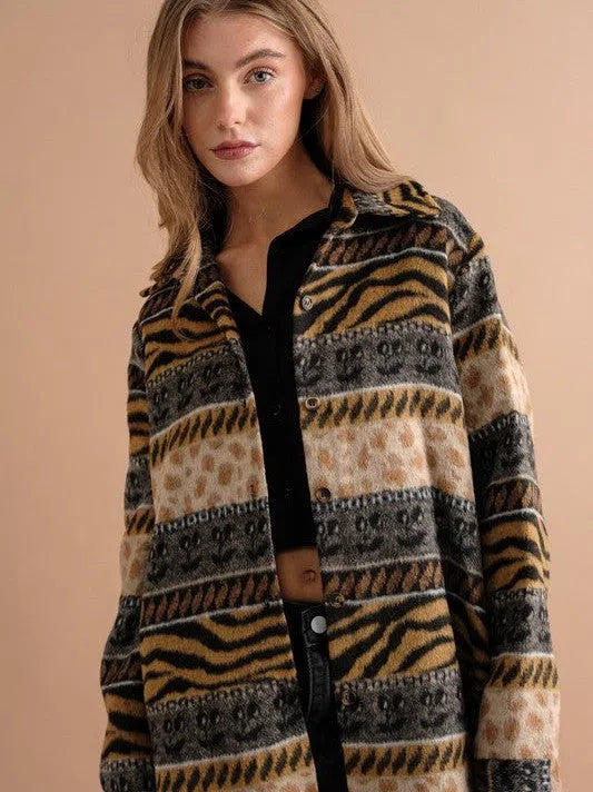 Her Sole is Fierce Animal Print Fleece Shacket-Women's Shirts & Tops-Shop Z & Joxa