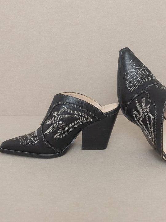 Hint of Western Embroidered Heeled Mule-Women's Shoes-Shop Z & Joxa
