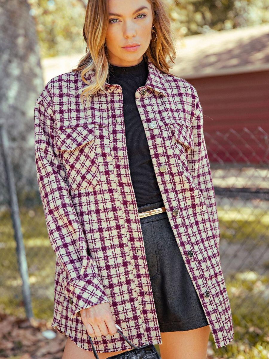 Houndstooth Plaid Shacket in Wine-Women's Clothing-Shop Z & Joxa