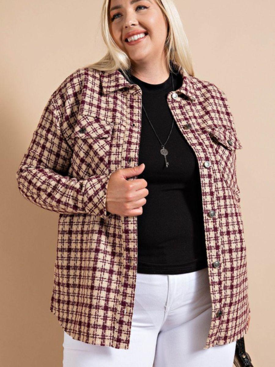 Houndstooth Plaid Shacket in Wine - Z & Joxa Co.