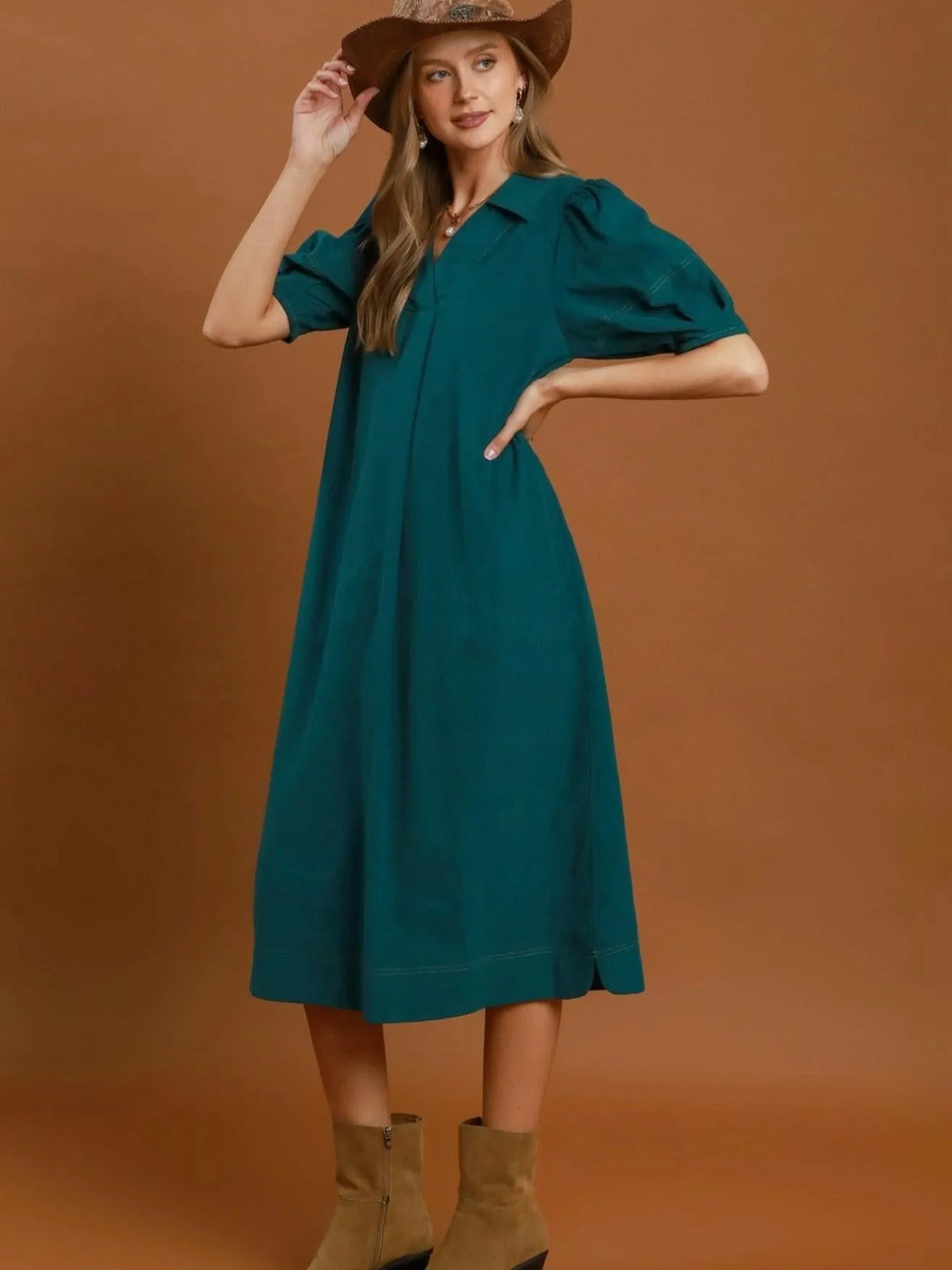 Howdy Honey Teal Puff Sleeve Midi Dress-Women's Dresses-Shop Z & Joxa