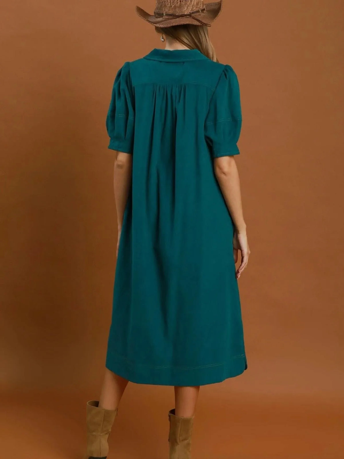 Howdy Honey Teal Puff Sleeve Midi Dress-Women's Dresses-Shop Z & Joxa