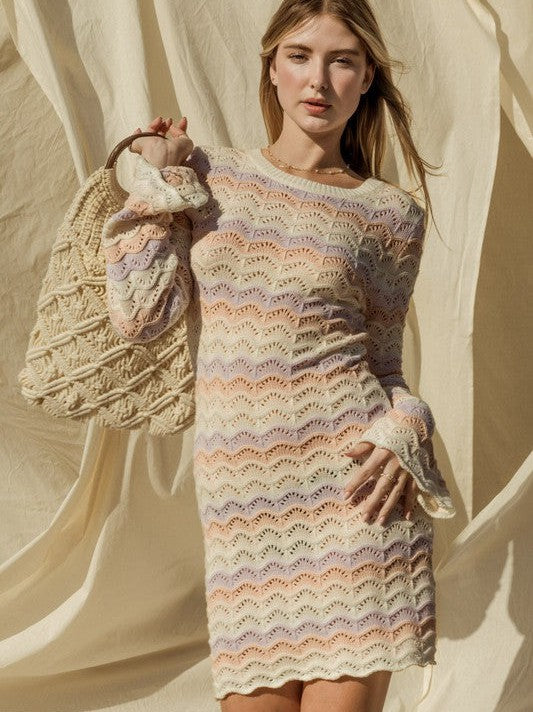 I Am Fashion Soft Pastel Bell Sleeve Sweater Mini Dress-Women's Clothing-Shop Z & Joxa