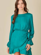 Ideal Choice Tie Waist Ruffle Dress in Vivid Teal-Women's Clothing-Shop Z & Joxa