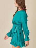 Ideal Choice Tie Waist Ruffle Dress in Vivid Teal-Women's Clothing-Shop Z & Joxa