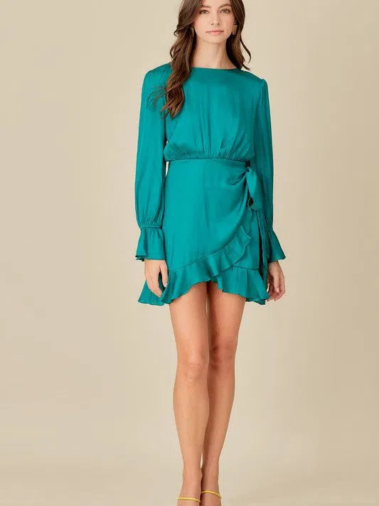 Ideal Choice Tie Waist Ruffle Dress in Vivid Teal-Women's Clothing-Shop Z & Joxa