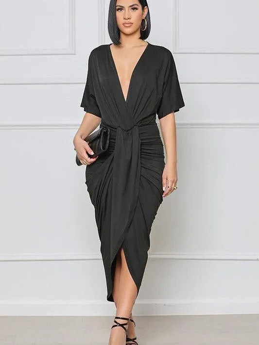 In Black we Trust Deep V Wrap Style Short Sleeve Maxi Dress-Women's Dresses-Shop Z & Joxa