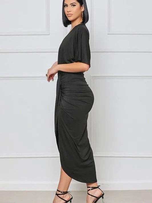 In Black we Trust Deep V Wrap Style Short Sleeve Maxi Dress-Women's Dresses-Shop Z & Joxa