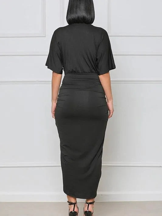 In Black we Trust Deep V Wrap Style Short Sleeve Maxi Dress-Women's Dresses-Shop Z & Joxa