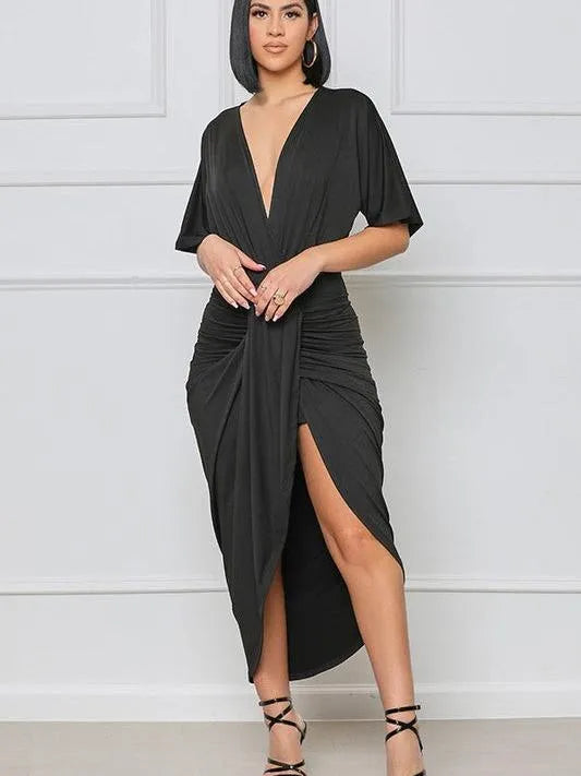 In Black we Trust Deep V Wrap Style Short Sleeve Maxi Dress-Women's Dresses-Shop Z & Joxa