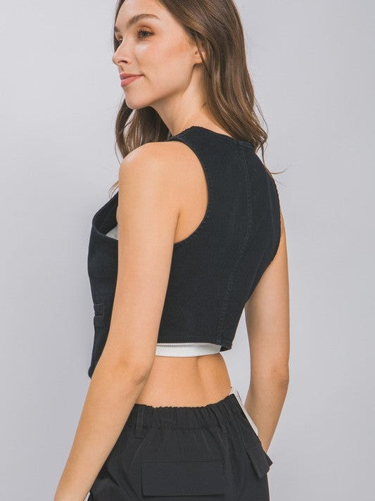 In Denim We Trust Buttoned Denim Vest Top-Women's Clothing-Shop Z & Joxa