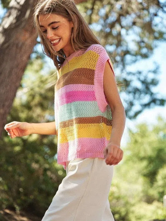 In a World Full of Color Crochet Multi Striped Sleeveless Knit Sweater-Women's Clothing-Shop Z & Joxa