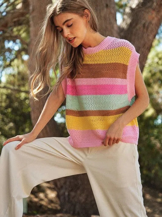 In a World Full of Color Crochet Multi Striped Sleeveless Knit Sweater-Women's Shirts & Tops-Shop Z & Joxa