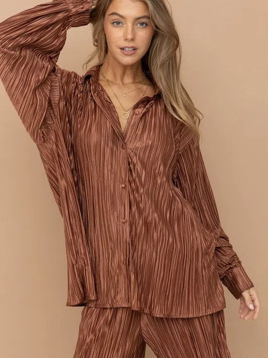 Irresistible Mini Pleat Lounge Set in Brown-Women's Clothing-Shop Z & Joxa