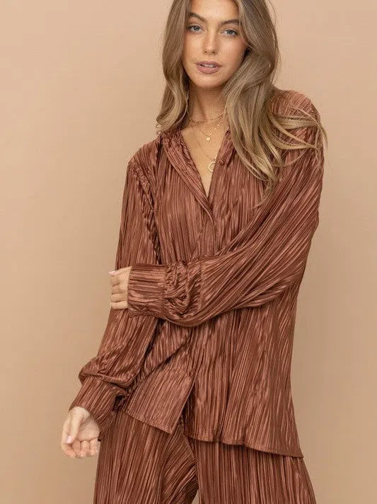 Irresistible Mini Pleat Lounge Set in Brown-Women's Clothing-Shop Z & Joxa