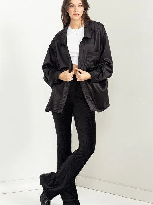 Irresistibly Charming Oversized Button Front Satin Shirt-Women's Clothing-Shop Z & Joxa