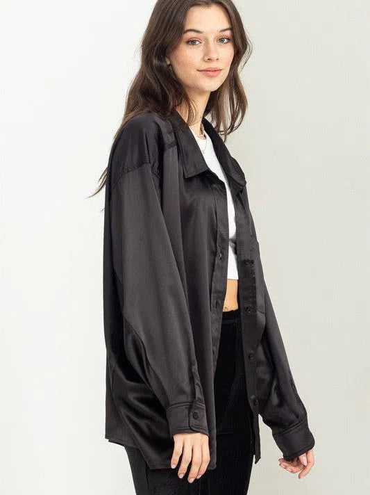 Irresistibly Charming Oversized Button Front Satin Shirt-Women's Clothing-Shop Z & Joxa