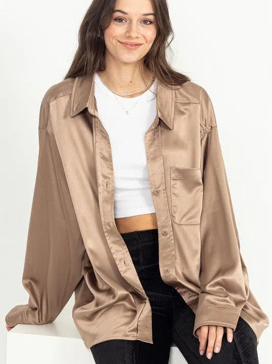 Irresistibly Charming Oversized Button Front Satin Shirt-Women's Clothing-Shop Z & Joxa