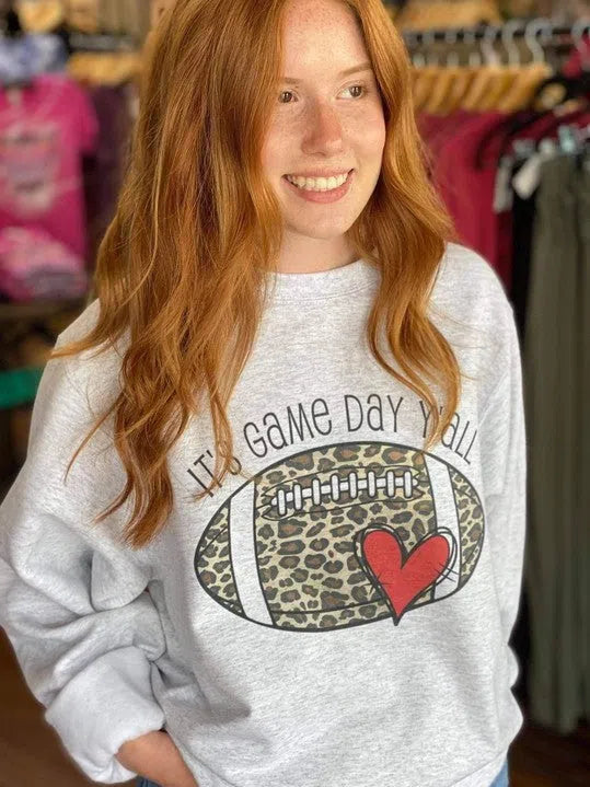 It's Game Day Y'all Leopard Print Football Sweatshirt-Women's Clothing-Shop Z & Joxa