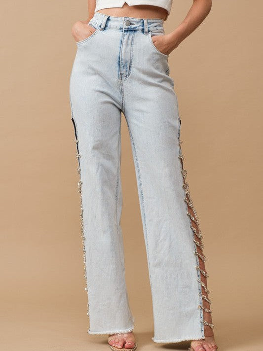 Jewel Up Cutout Wide Leg Jeans-Women's Clothing-Shop Z & Joxa