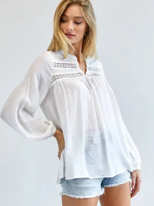 Joy in the Little Things V-cut Long Sleeve Casual White Blouse-Women's Clothing-Shop Z & Joxa