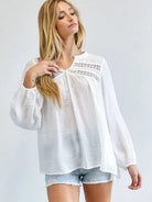 Joy in the Little Things V-cut Long Sleeve Casual White Blouse-Women's Clothing-Shop Z & Joxa