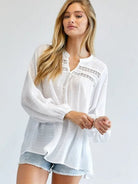 Joy in the Little Things V-cut Long Sleeve Casual White Blouse-Women's Clothing-Shop Z & Joxa