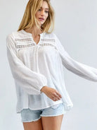 Joy in the Little Things V-cut Long Sleeve Casual White Blouse-Women's Clothing-Shop Z & Joxa