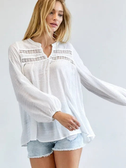 Joy in the Little Things V-cut Long Sleeve Casual White Blouse-Women's Clothing-Shop Z & Joxa