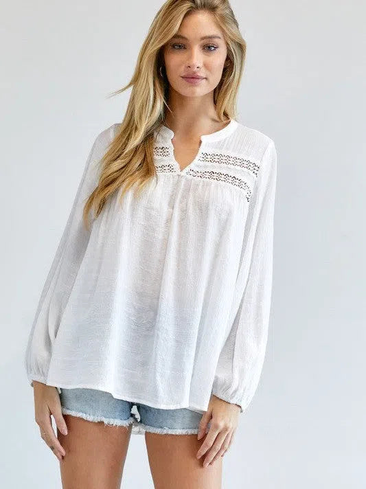 Joy in the Little Things V-cut Long Sleeve Casual White Blouse-Women's Clothing-Shop Z & Joxa