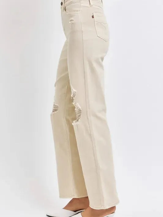 Judy Blue Bone Voyage High Rise Distressed Wide Leg Jeans-Women's Jeans-Shop Z & Joxa