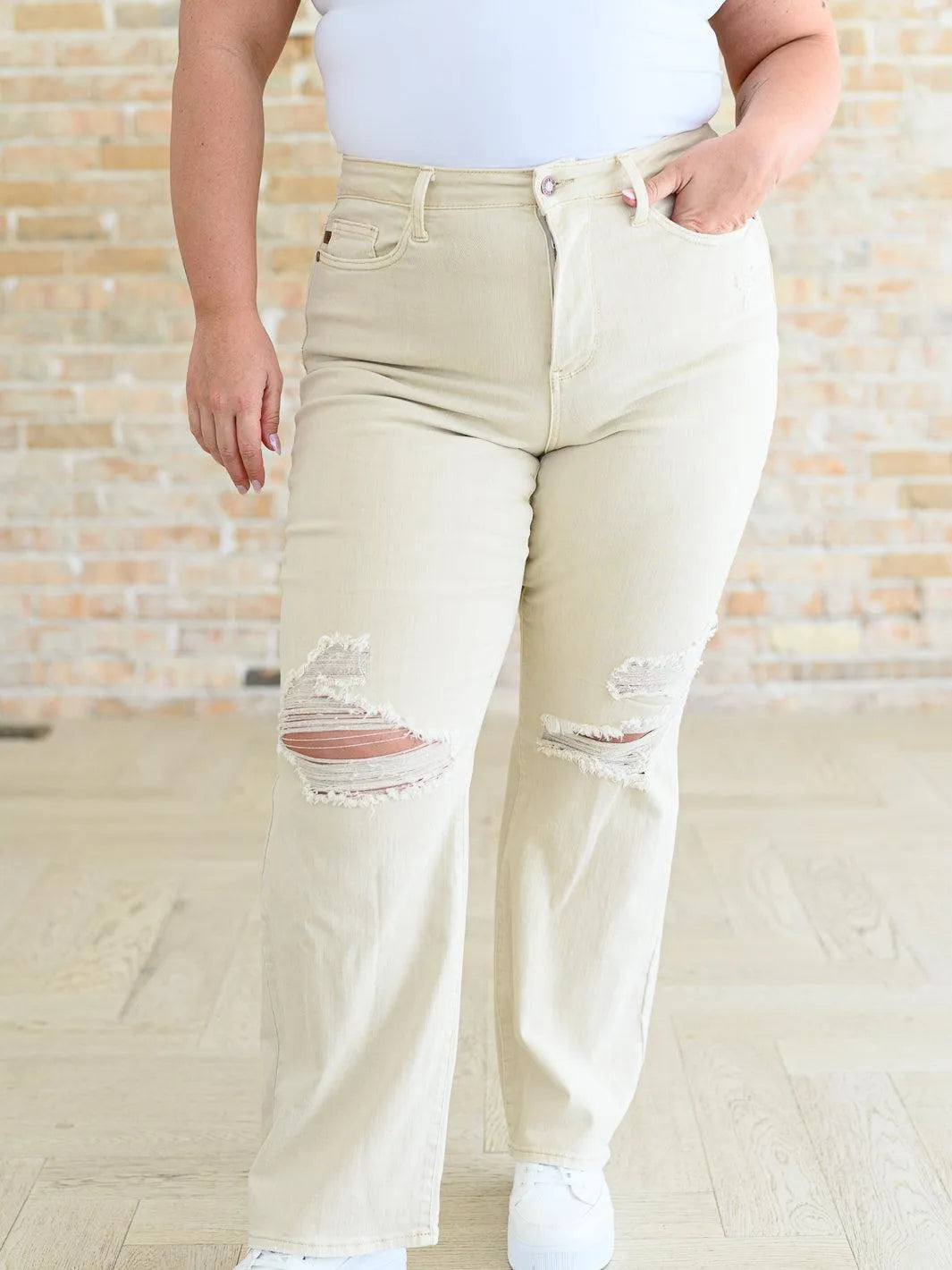 Judy Blue Bone Voyage High Rise Distressed Wide Leg Jeans-Women's Jeans-Shop Z & Joxa