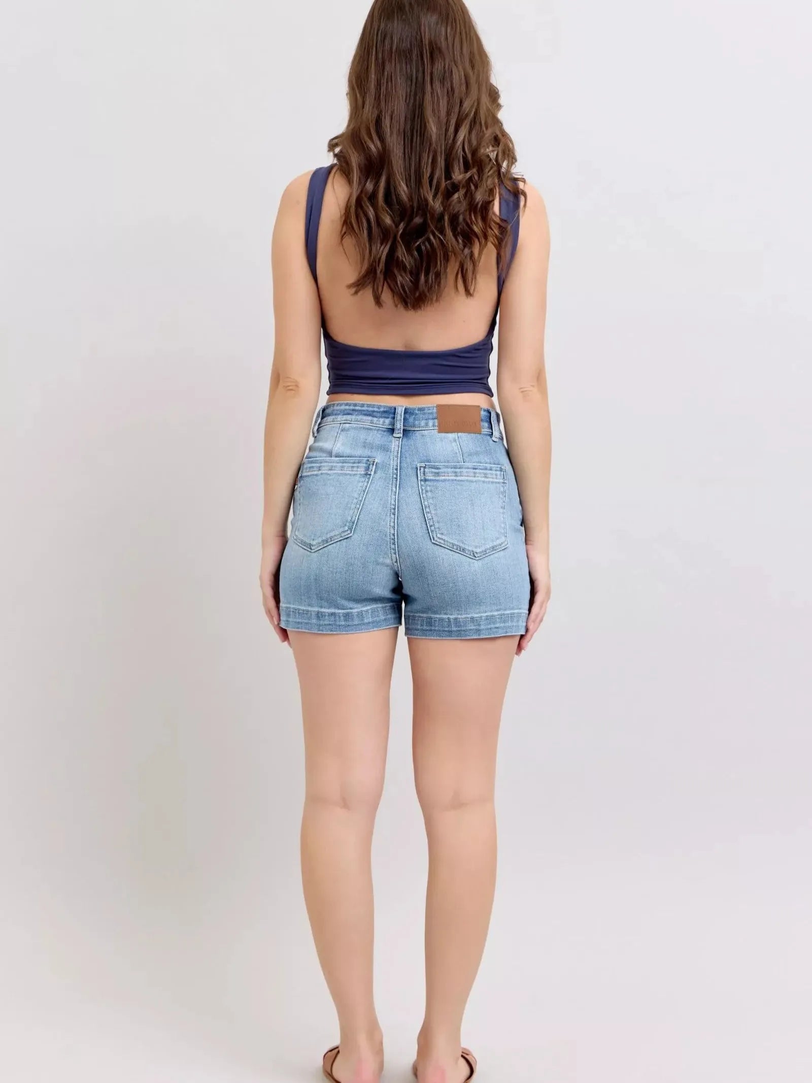 Judy Blue Denim Dash Mid Rise Denim Shorts in Medium Stone-Women's Jeans-Shop Z & Joxa