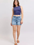 Judy Blue Denim Dash Mid Rise Denim Shorts in Medium Stone-Women's Jeans-Shop Z & Joxa