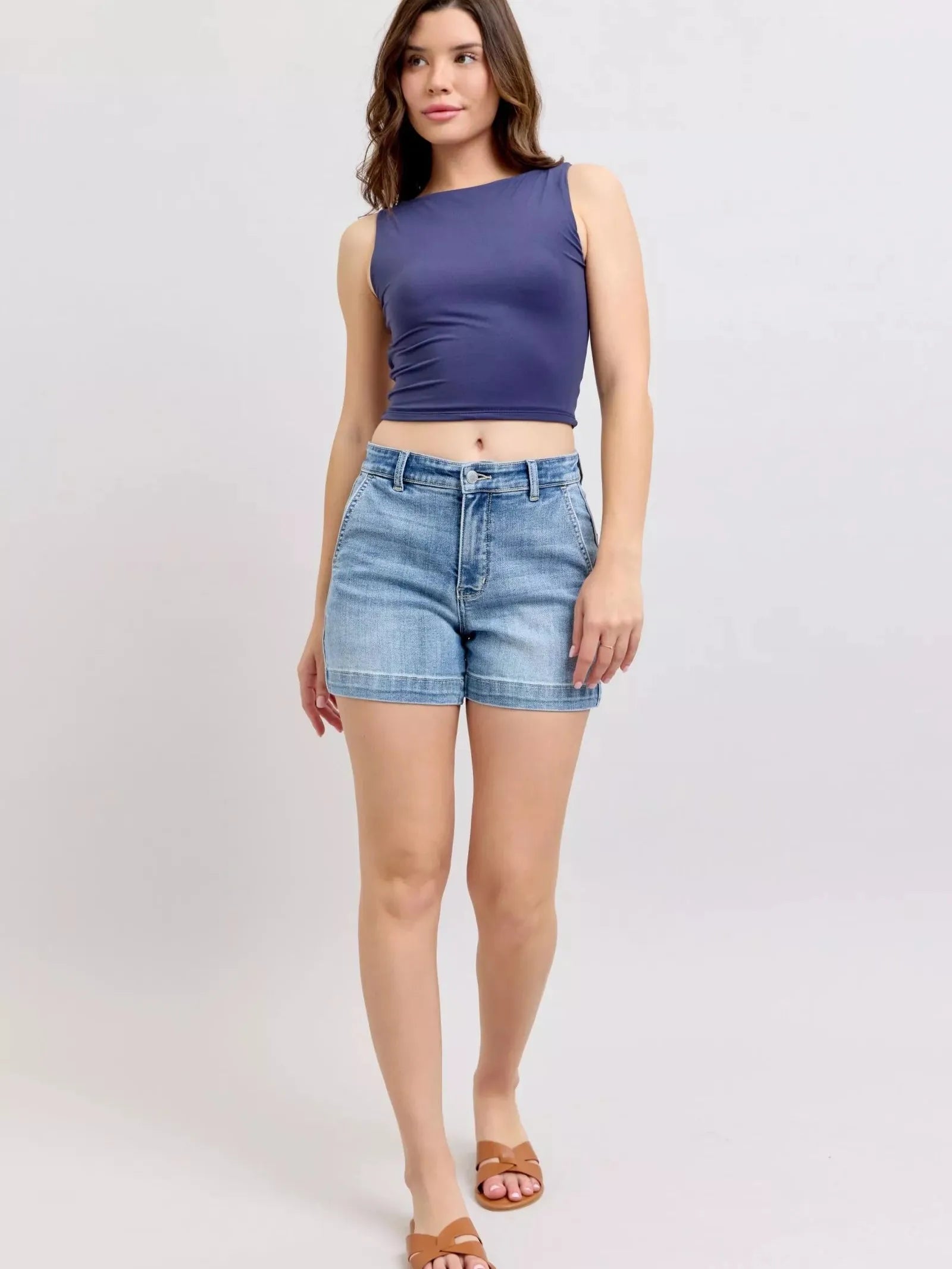 Judy Blue Denim Dash Mid Rise Denim Shorts in Medium Stone-Women's Jeans-Shop Z & Joxa