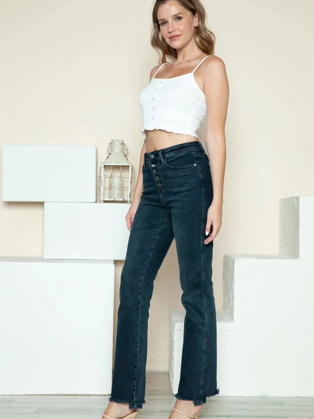 Judy Blue Distress and Impress Destroyed Hem Straight Jeans-Women's Jeans-Shop Z & Joxa