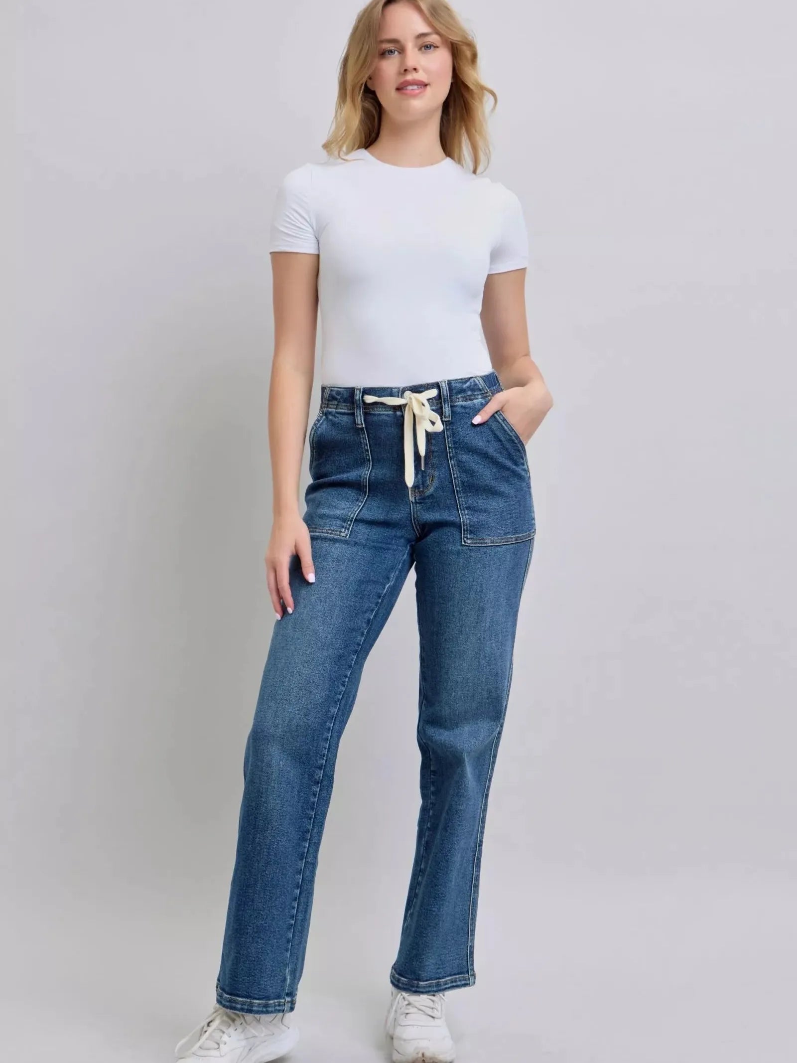 Judy Blue Draw the Line Drawstring Straight Jeans with Pockets-Women's Jeans-Shop Z & Joxa