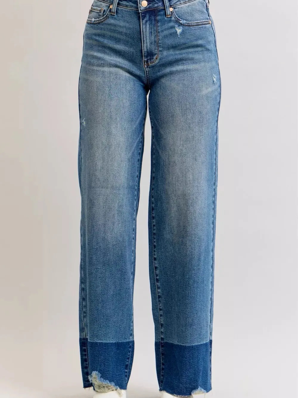 Judy Blue Edge Appeal 2 Tone Raw Hem High Waist Straight Jeans-Women's Jeans-Shop Z & Joxa