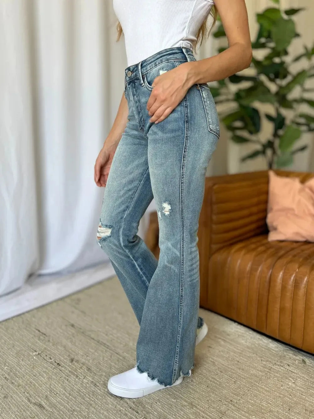 Judy Blue Flare Enough Mid Rise Tummy Control Destroyed Jeans-Women's Jeans-Shop Z & Joxa