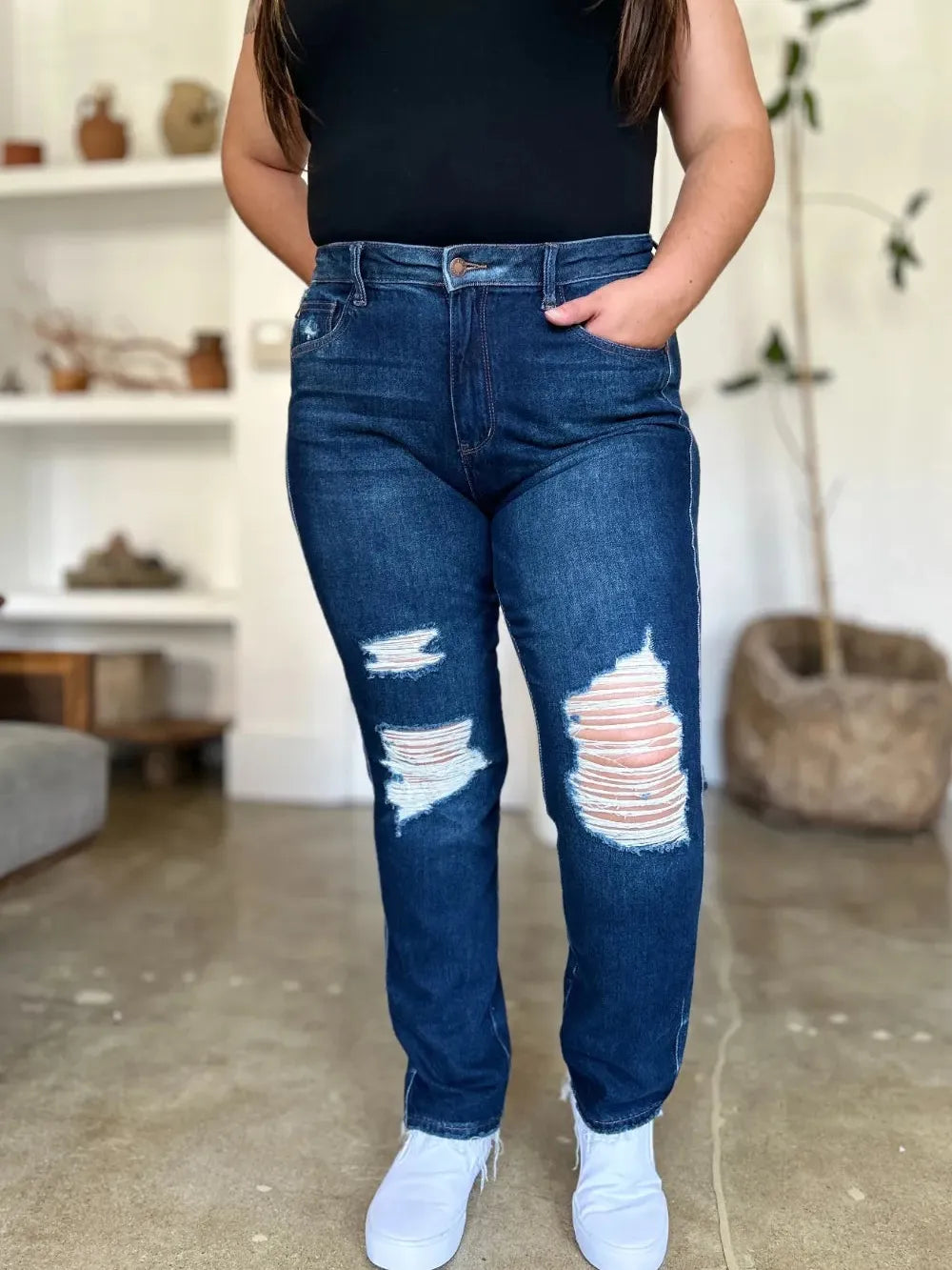 Judy Blue HeartBreaker Distressed High Rise Straight Jeans-Women's Jeans-Shop Z & Joxa