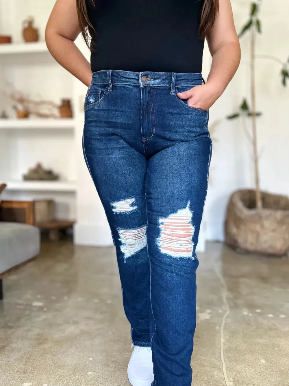 Judy Blue HeartBreaker Distressed High Rise Straight Jeans-Women's Jeans-Shop Z & Joxa