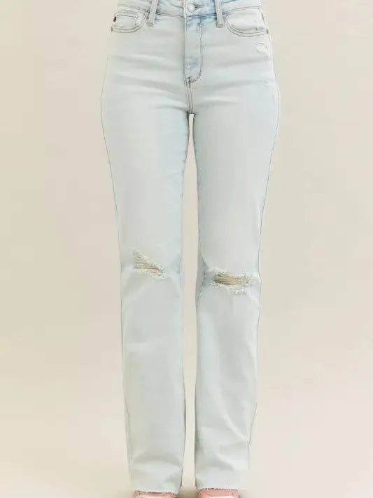 Judy Blue Lighthearted Distressed Frayed Hem Bootcut Jeans-Women's Jeans-Shop Z & Joxa