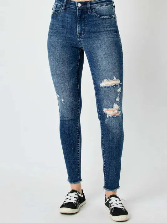 Judy Blue Midnight Edge High Rise Distressed Skinny Jeans-Women's Jeans-Shop Z & Joxa