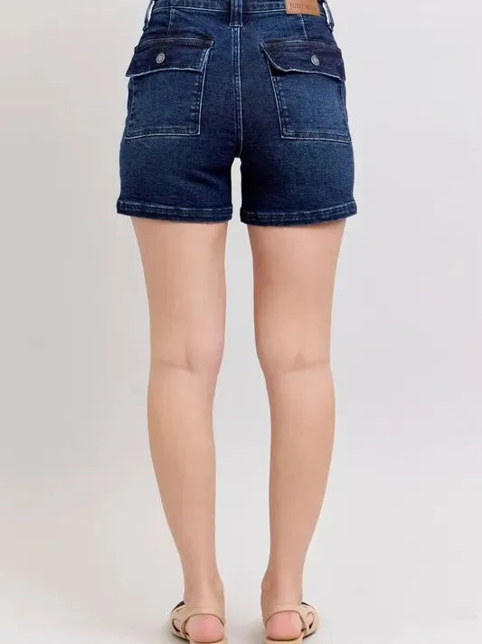 Judy Blue Midnight Flap High Rise Back Flap Pocket Denim Shorts-Women's Shorts-Shop Z & Joxa
