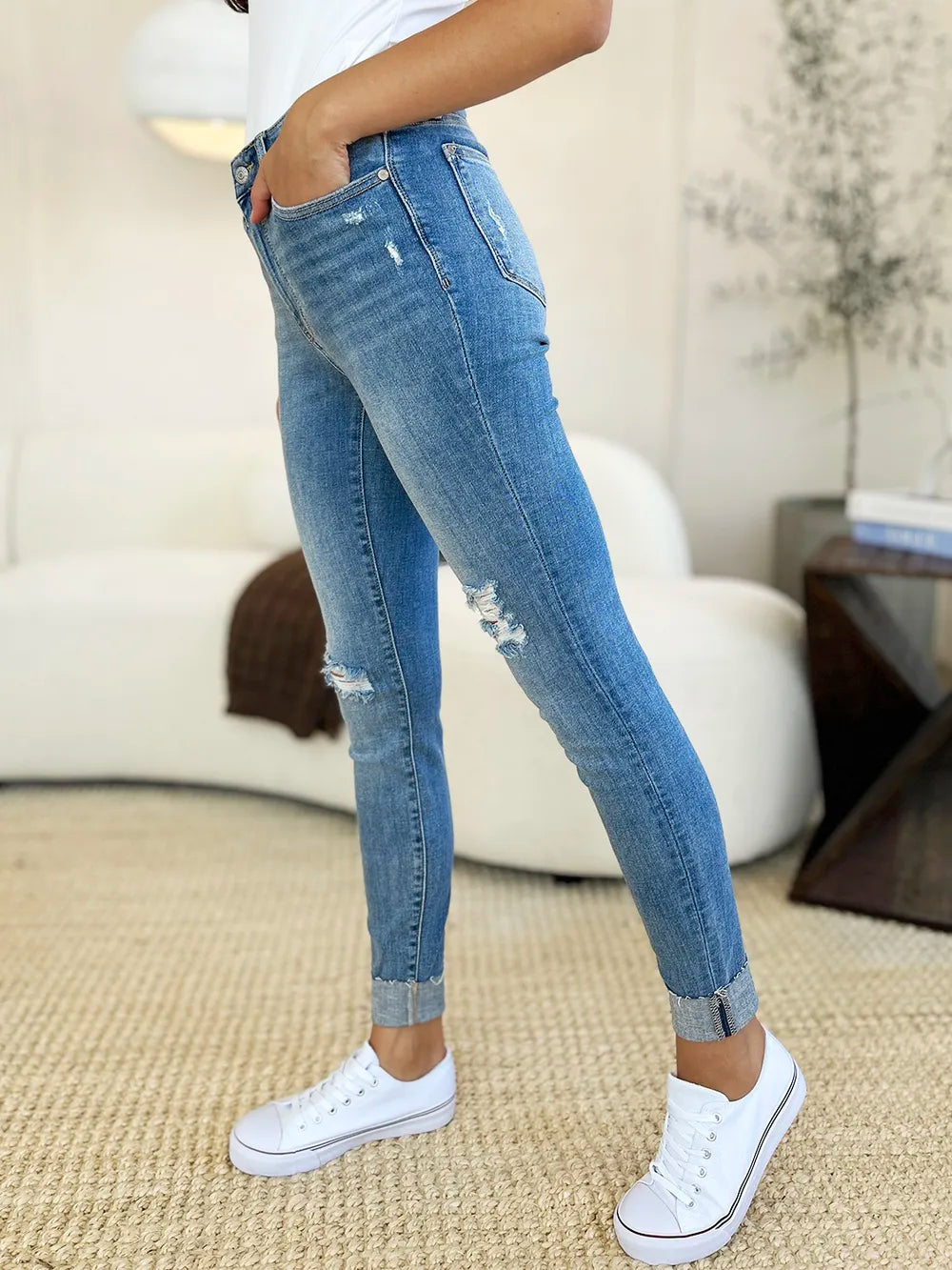 Judy Blue Midtown Mischief Mid Rise Destroyed & Cuffed Skinny Jeans-Women's Jeans-Shop Z & Joxa