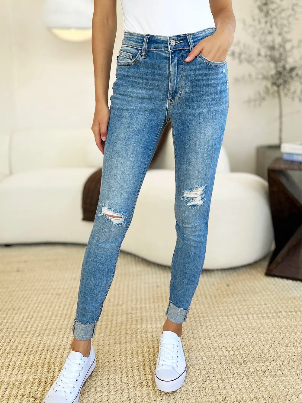 Judy Blue Midtown Mischief Mid Rise Destroyed & Cuffed Skinny Jeans-Women's Jeans-Shop Z & Joxa